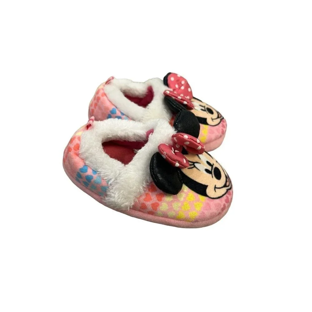 Girls Pink Minnie Mouse Hearts Slippers Size 7 8